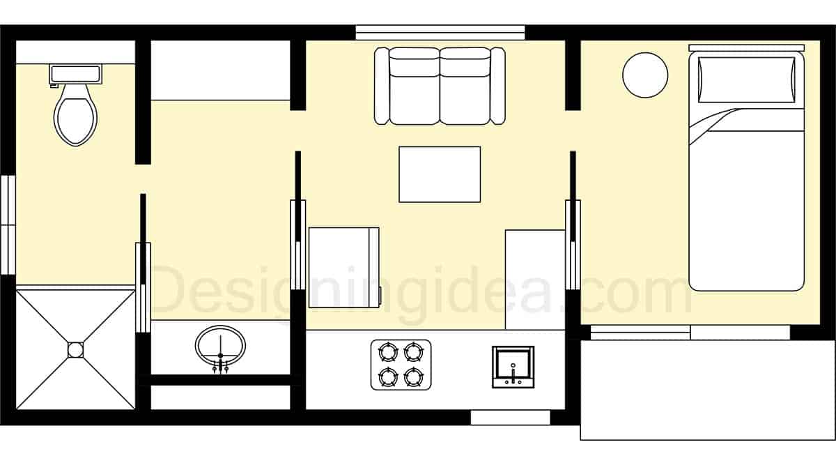 Housing construction plan with sliding wall partition to open up the space