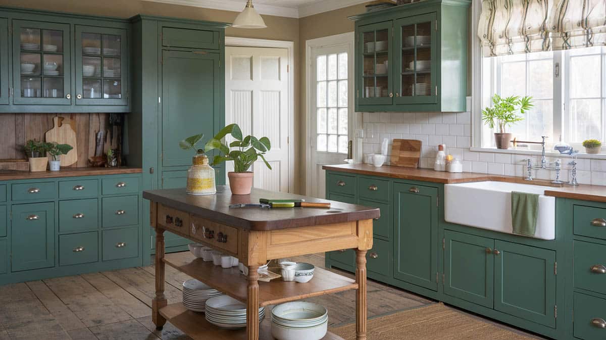 Traditional kitchen with cabinets in dark green and portable island