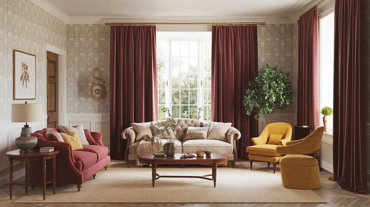 Traditional formal sitting room with velvet ruby curtains