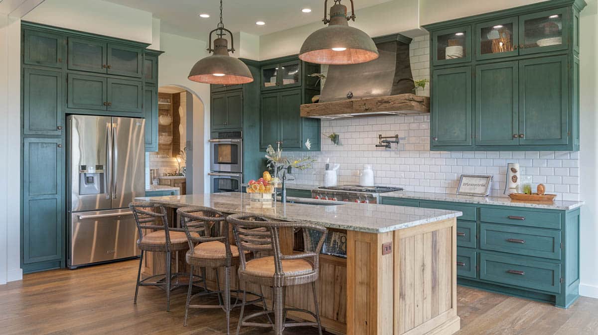 Transitional kitchen with green shaker cabinets, subway tile backsplash, and rustic pendant lights