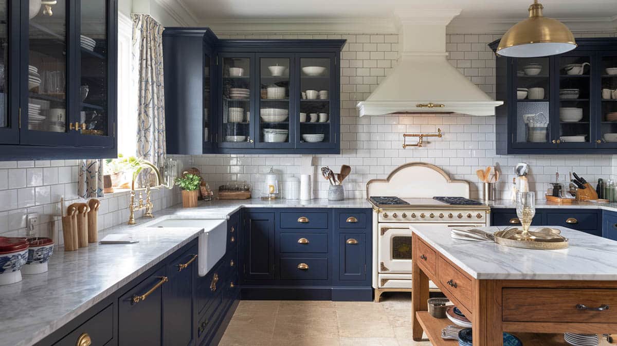 Transitional kitchen with gold pendant, tile on walls and glass door cabinets in dark blue