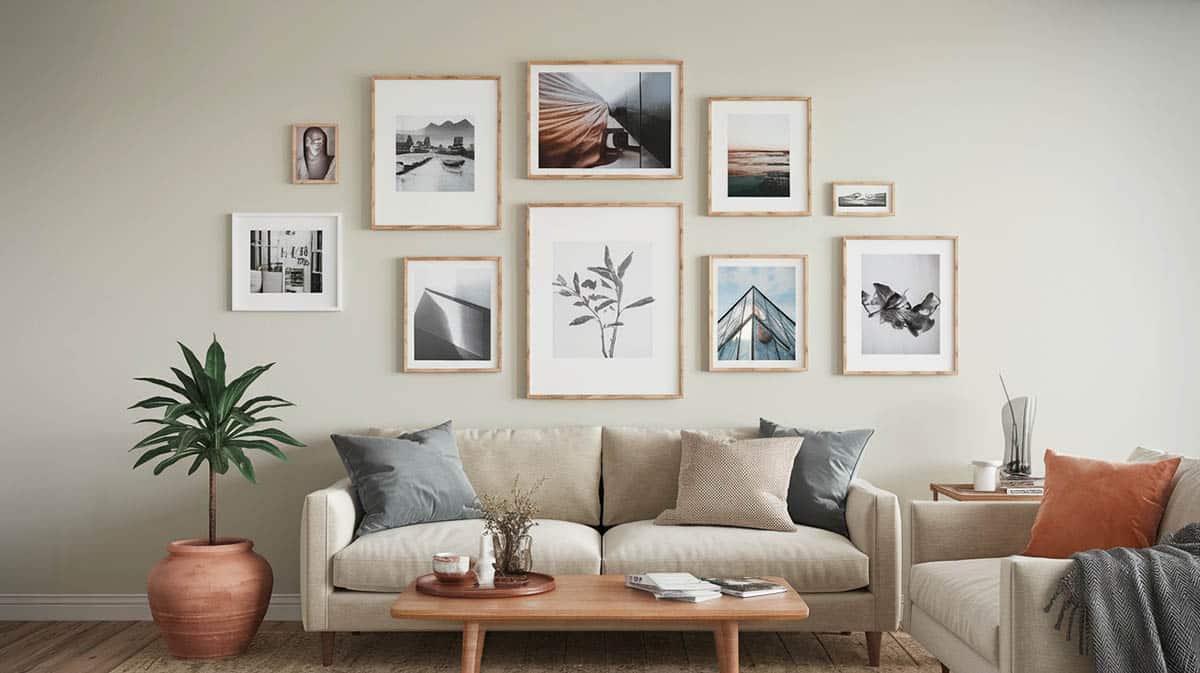 Trendy room with picture gallery wall and coffee table