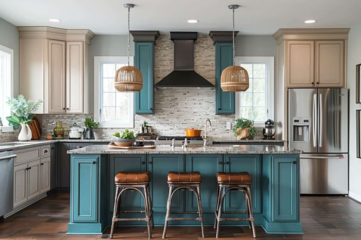 Two-toned cream and teal designed kitchen with black knobs on doors