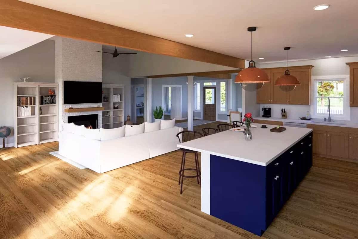 Two tone kitchen with blue island and brown cabinets