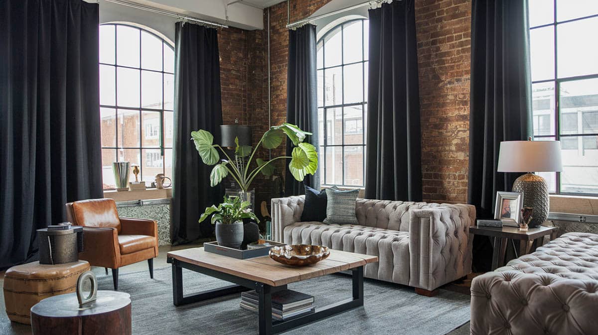 Urban Industrial room with charcoal curtains