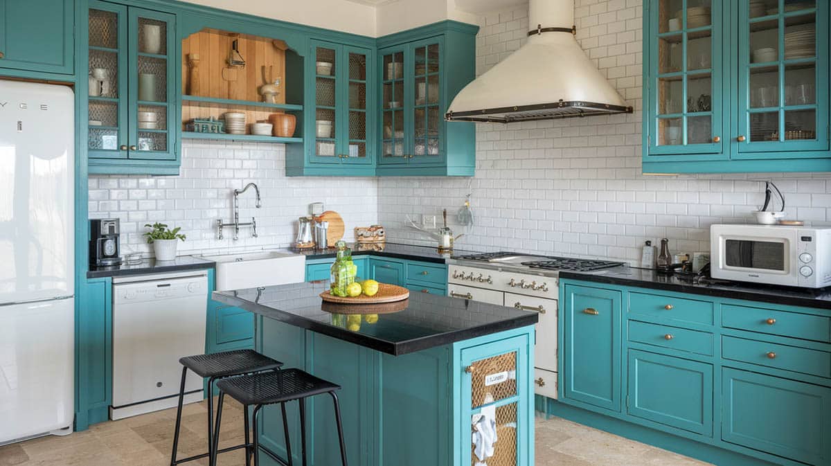 Vintage inspired kitchen with teal-colored cabinetry and brass hardware