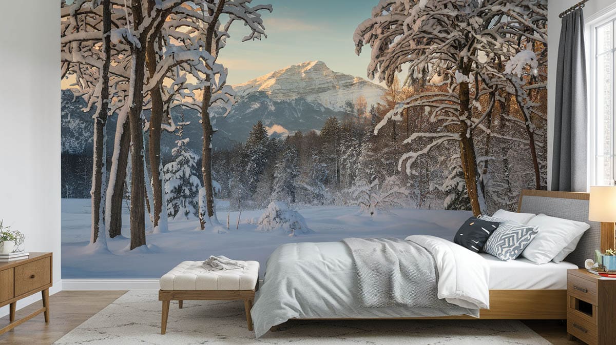 Bedroom with wall mural of snowy mountain forest