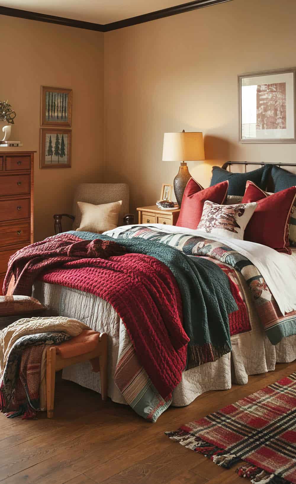 Red and green bedroom with bed covered with cozy thick blankets, throws and quilts with winter colors