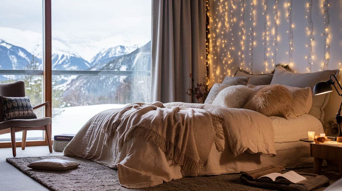 Winter wonderland bedroom with fairy lights above bed