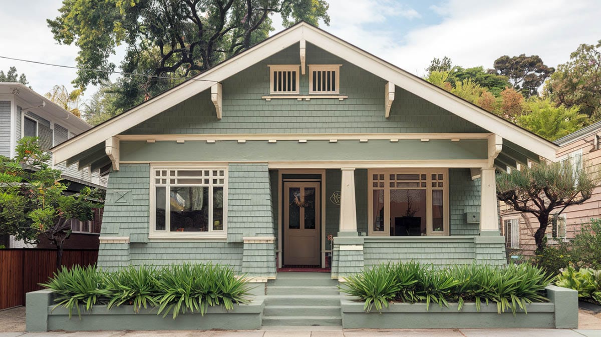 American bungalow in sage green with off-white for trim