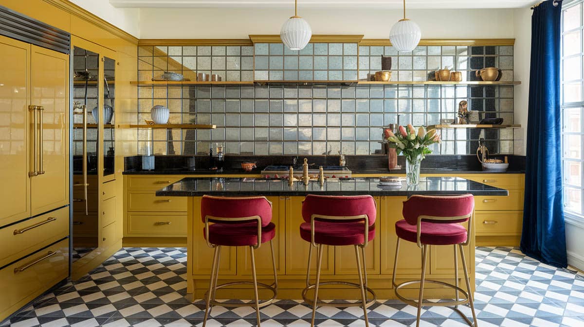 Art-deco inspired kitchen with mustard toned cabnets and metallic reflective backsplash