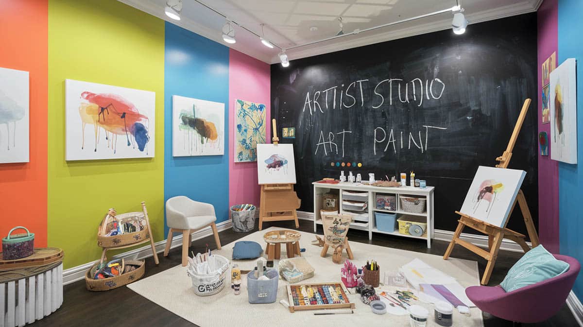 Artist studio playroom with colorful walls chalkboard paint and canvas displays