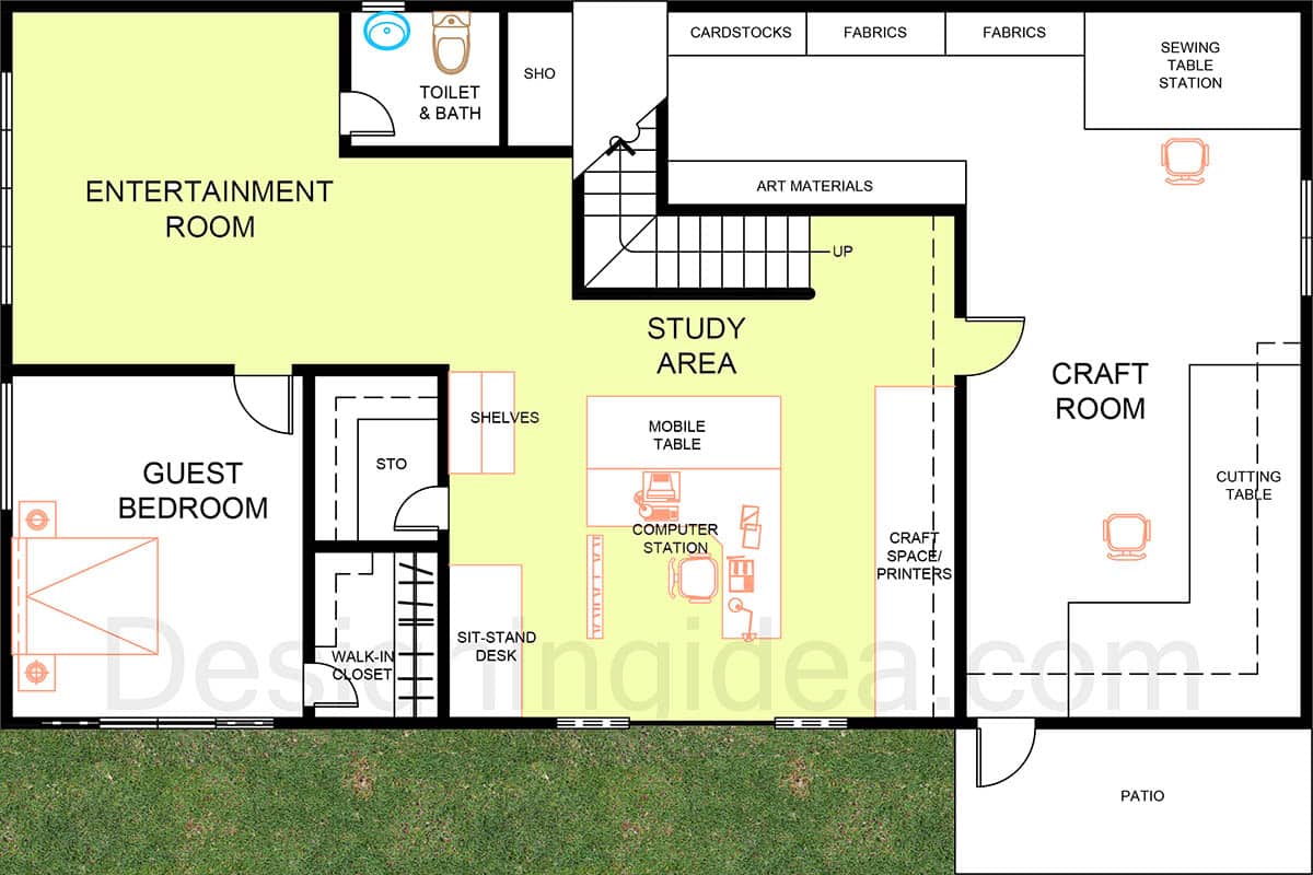 Basement hobby space with craft area, entertainment space, and guest room