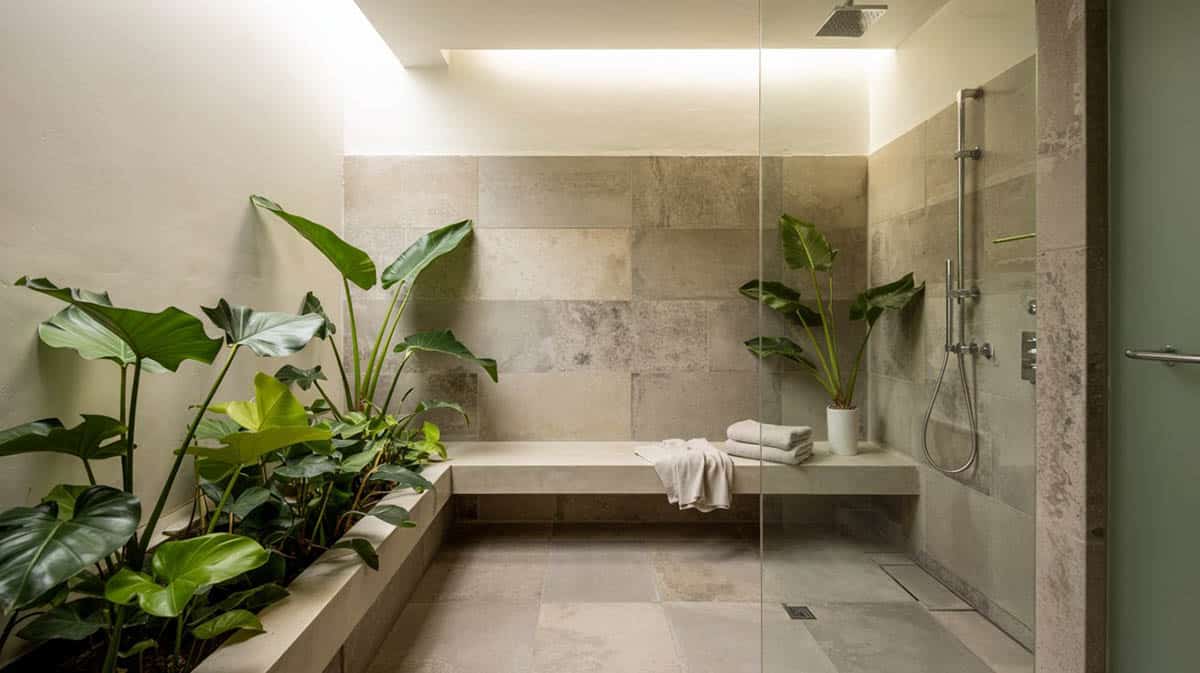 Spa style shower with indoor plants