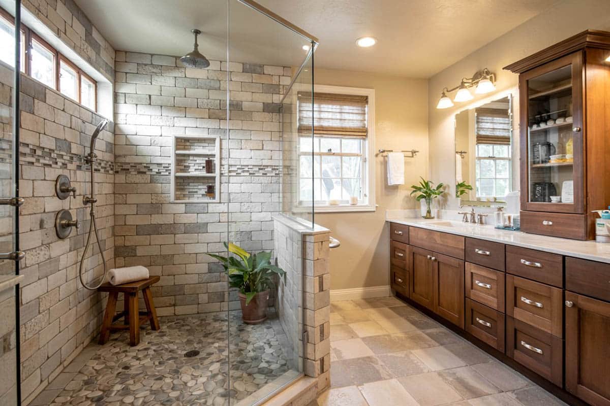 Bathroom with river rock tile flooring
