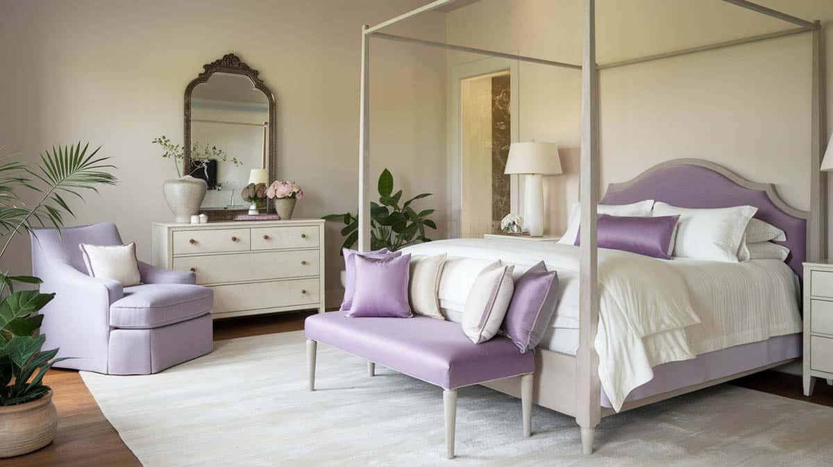 Beautiful bedroom with beige painted walls and lavender bedding