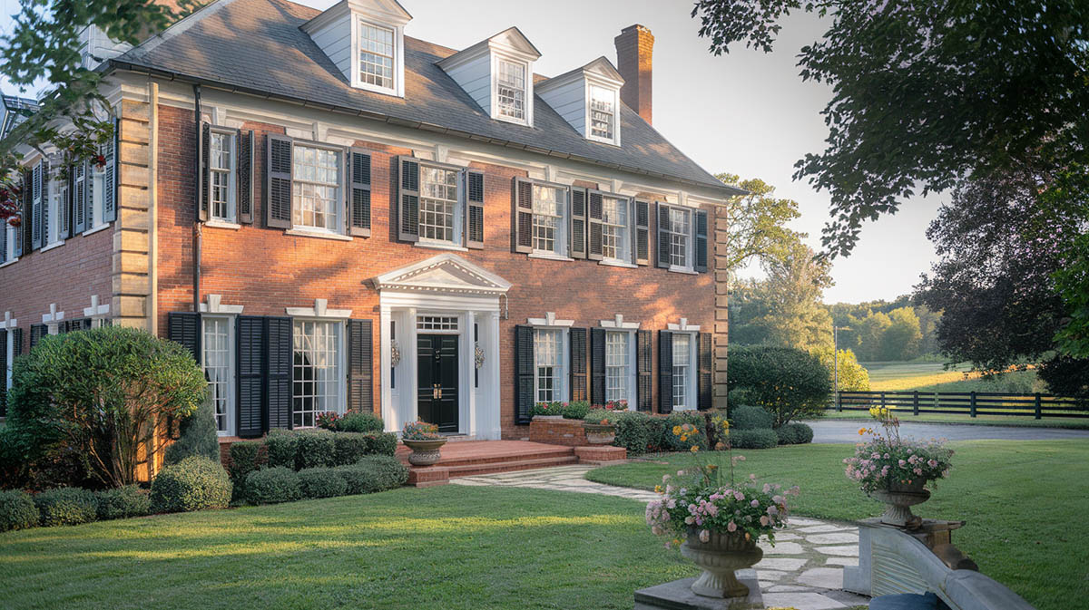 Beautiful red brick colonial with white for the trim work and black door