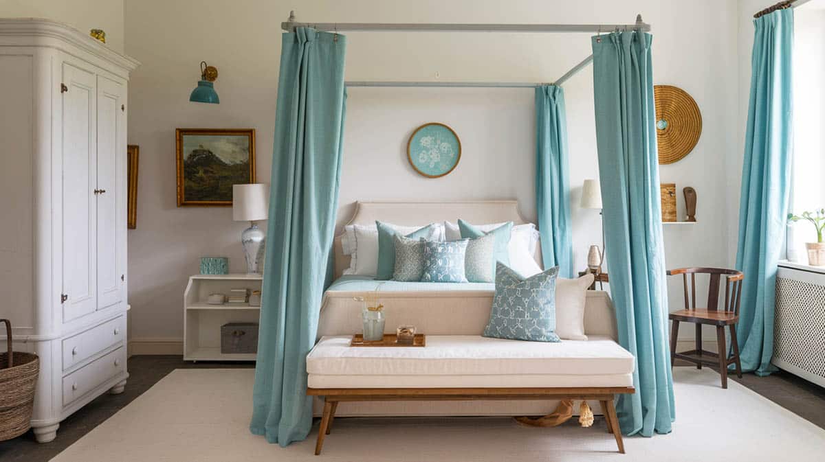 Bedroom with four post bed with duck egg curtains and on windows