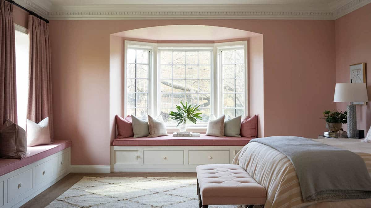 Bedroom with soft pink on walls and window seats