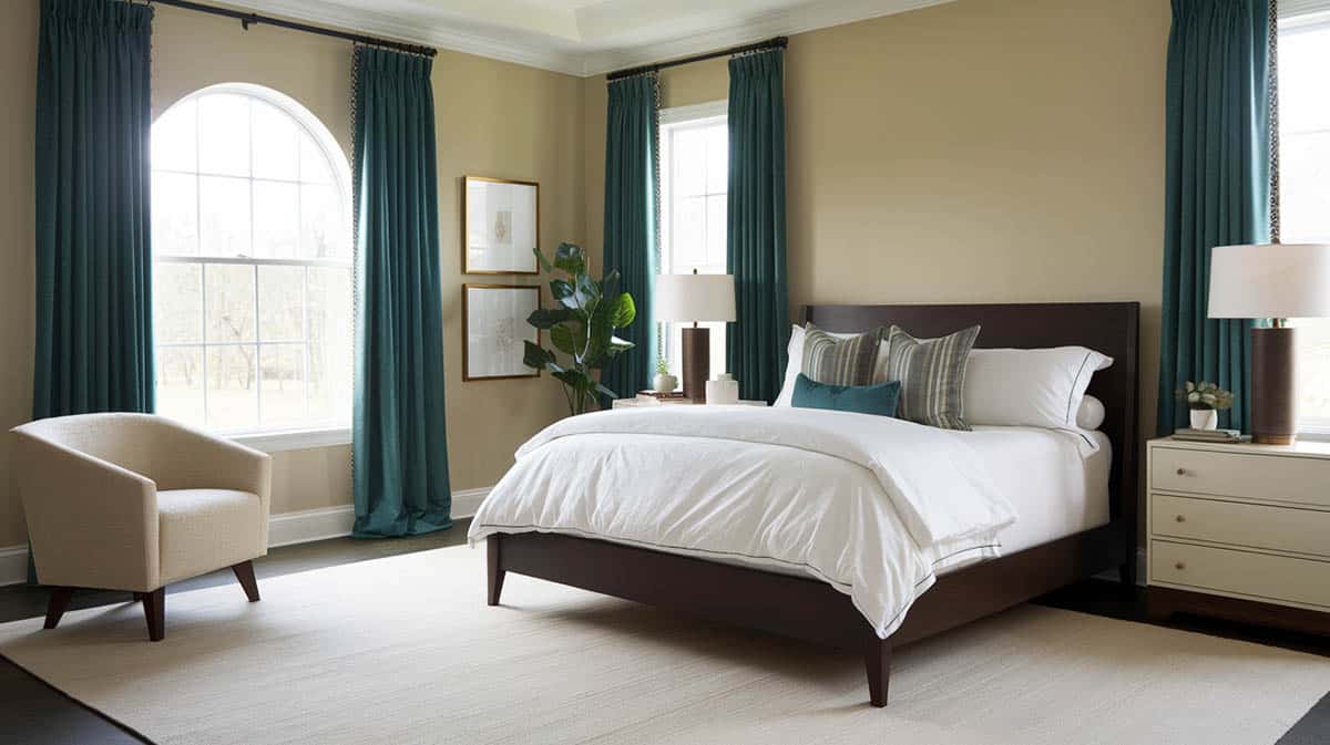 Bedroom that pairs tan walls with hunter green on the window curtains