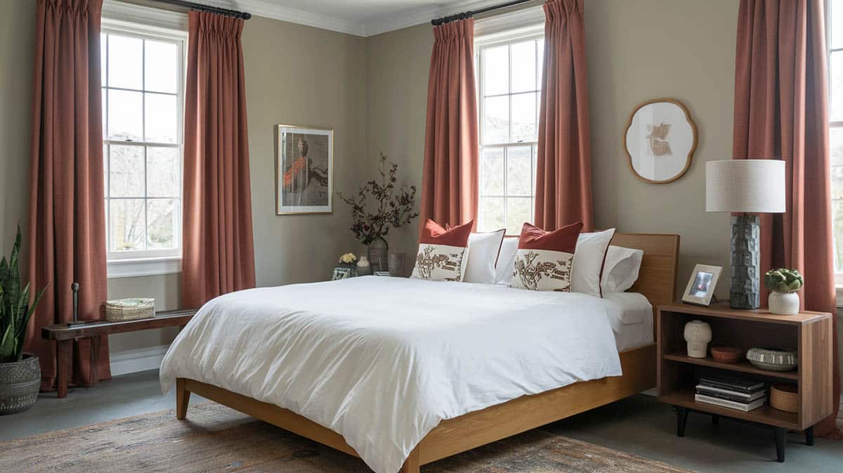 Bedroom with warm terracotta curtains