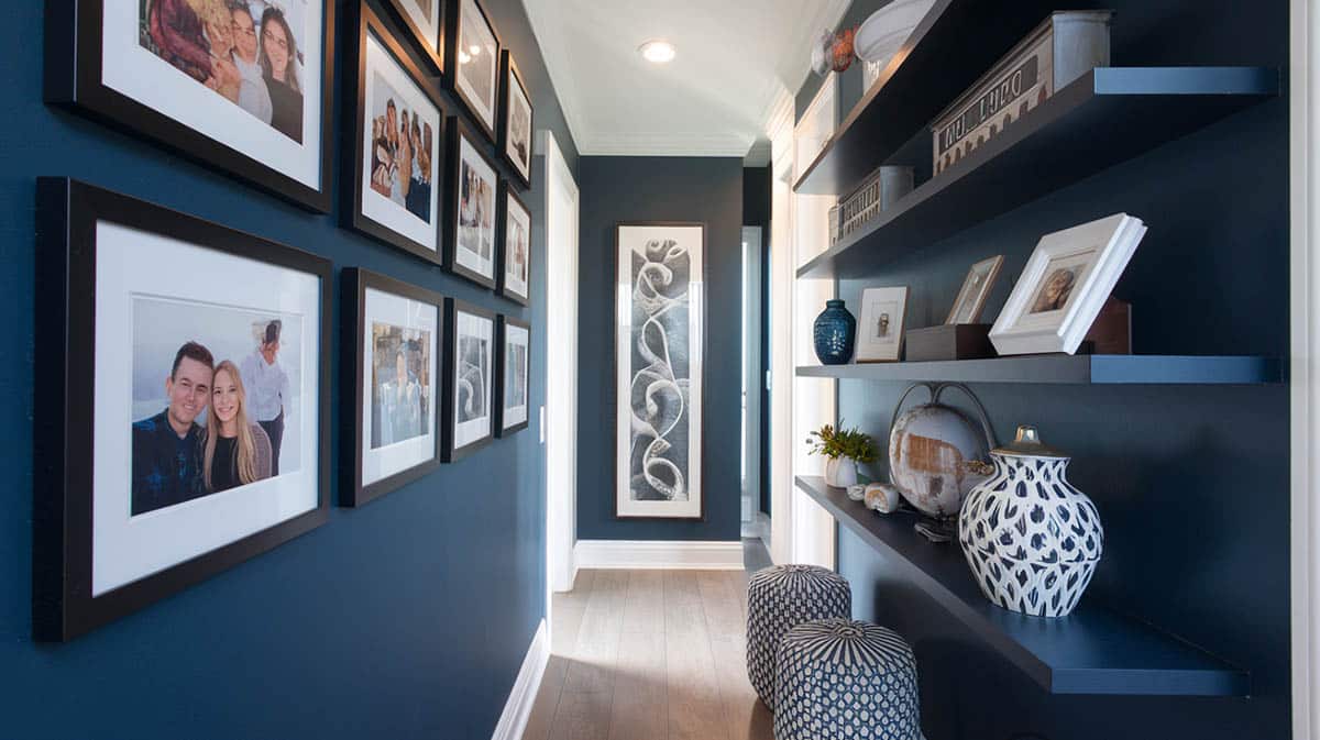 Blue painted hallway with photo gallery on wall 