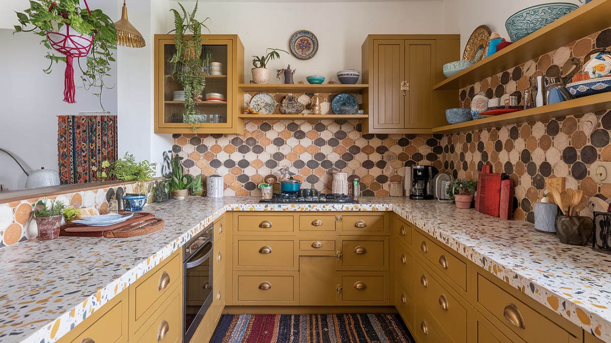 Bohemian kitchen with terrazzo countertops and Moroccan zellige backsplash