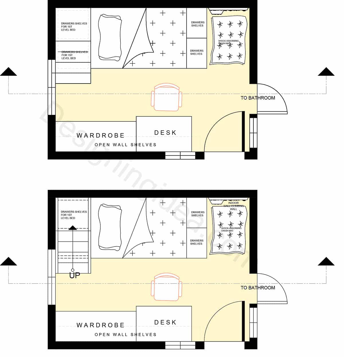 Layout with bunk beds with storage drawers