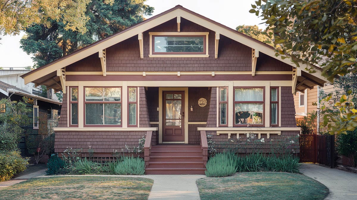 California bungalow with a brown exterior and cream trim 