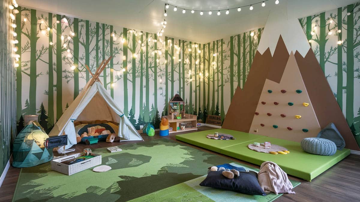 Camping and nature playroom with green forest mural indoor tent climbing wall and twinkle lights