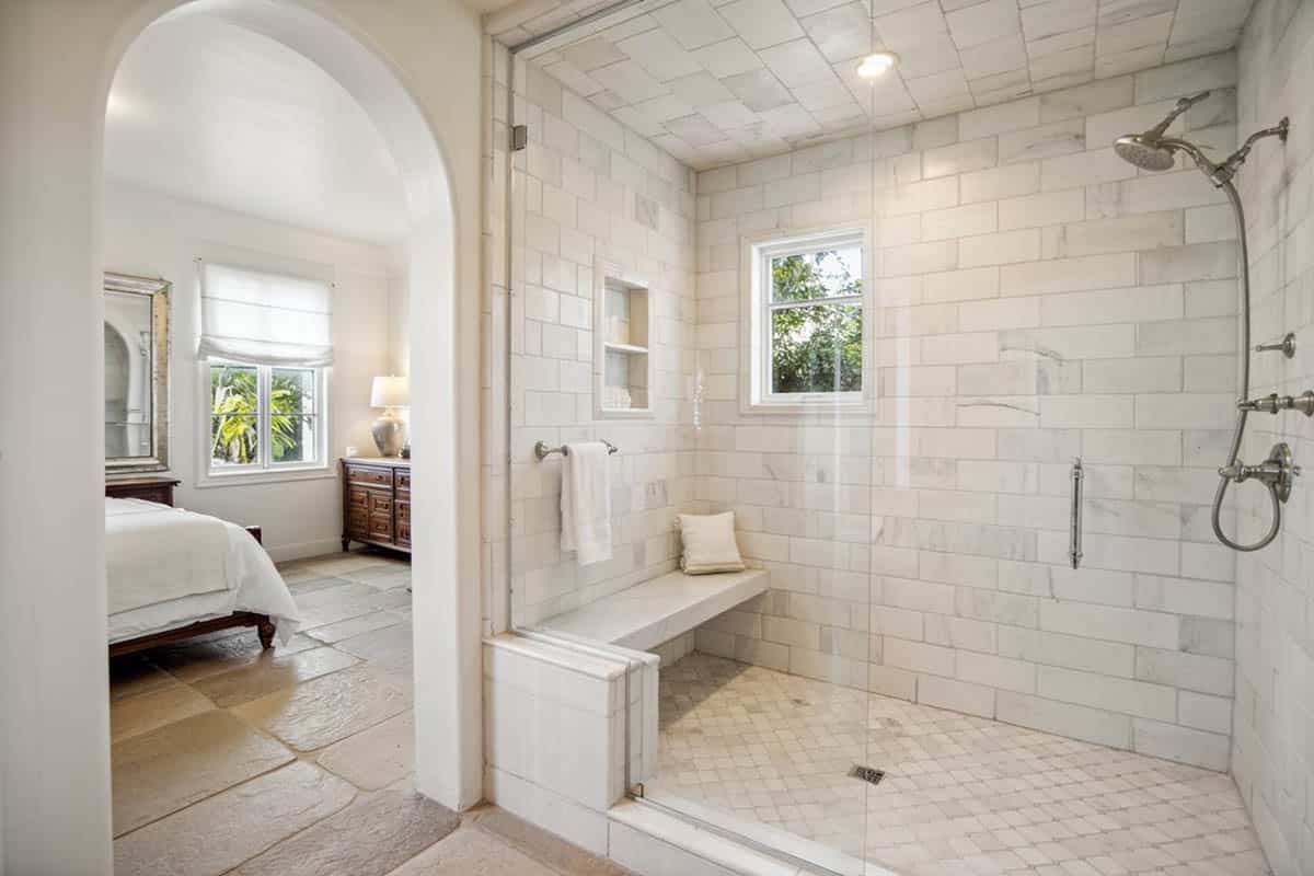 Carrara marble shower with bench
