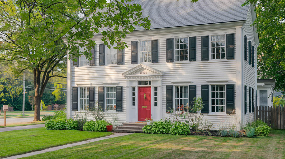 Charming colonial house with white paint and black shutters and red door