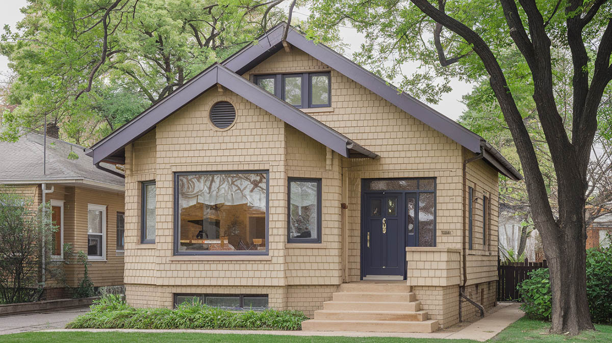 Chicago bungalow with low pitched roof tan paint and navy door