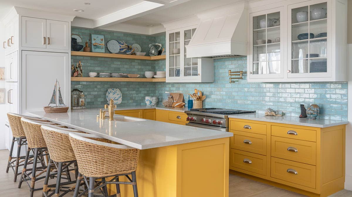 Coastal chic kitchen with two-tone cabinets yellow and white and light grey quartz