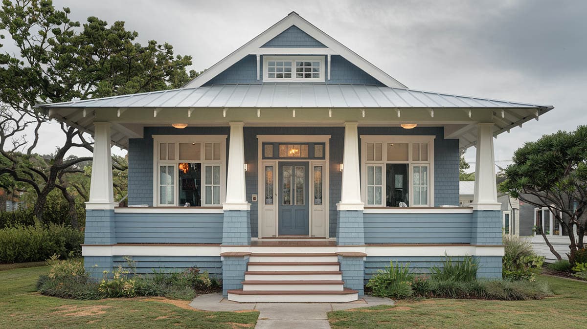 Coastal-style bungalow with gray-blue siding and white color trim