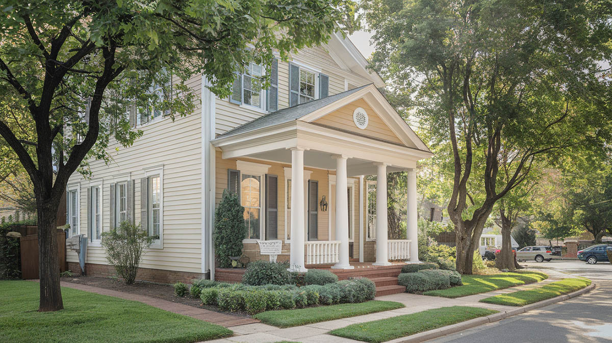 Beige home with shutters in gray and trim in white