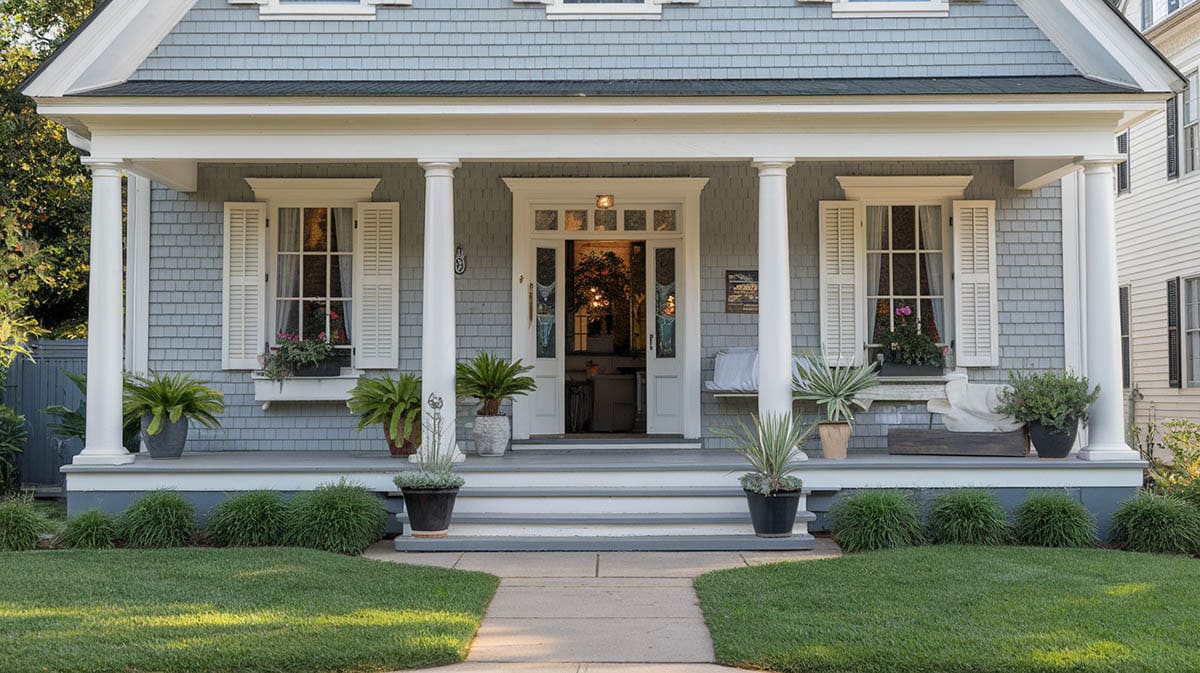 Gray painted house with white columns and shutters