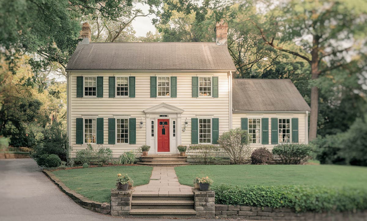 Colonial home with cream paint and forest green shutters