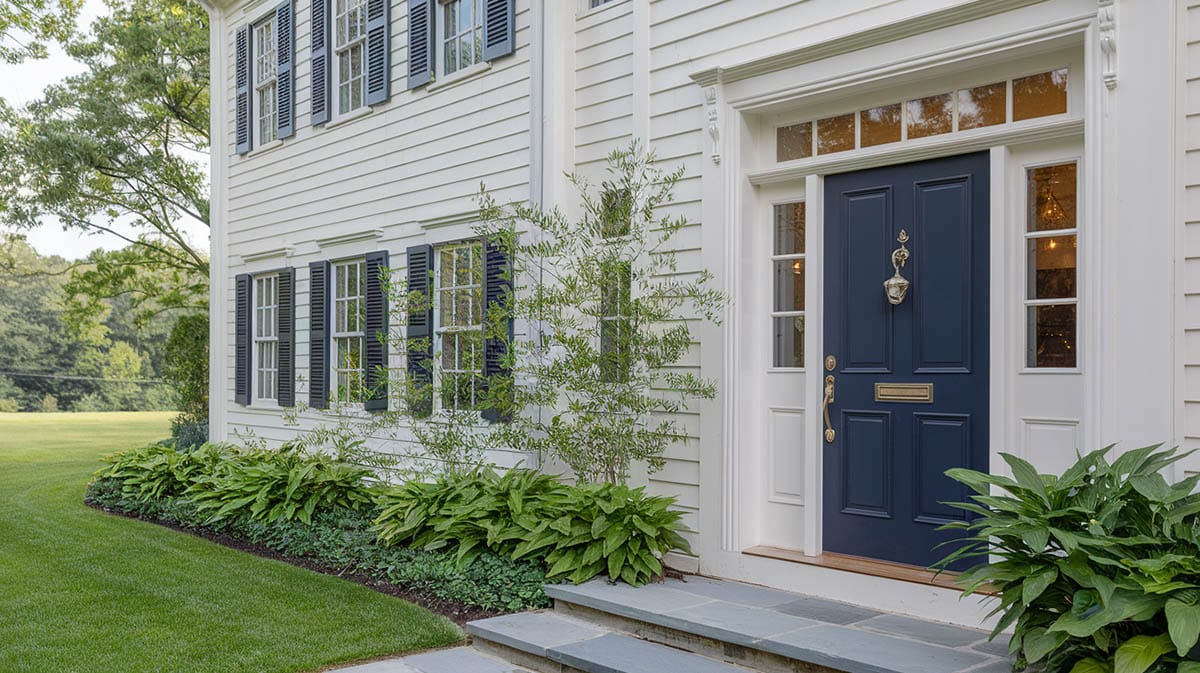 Home with navy blue door and white siding exterior