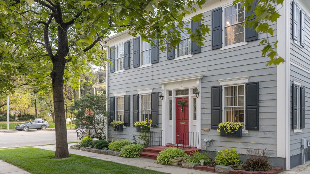 Classic house with gray paint, dark shutters and white trim