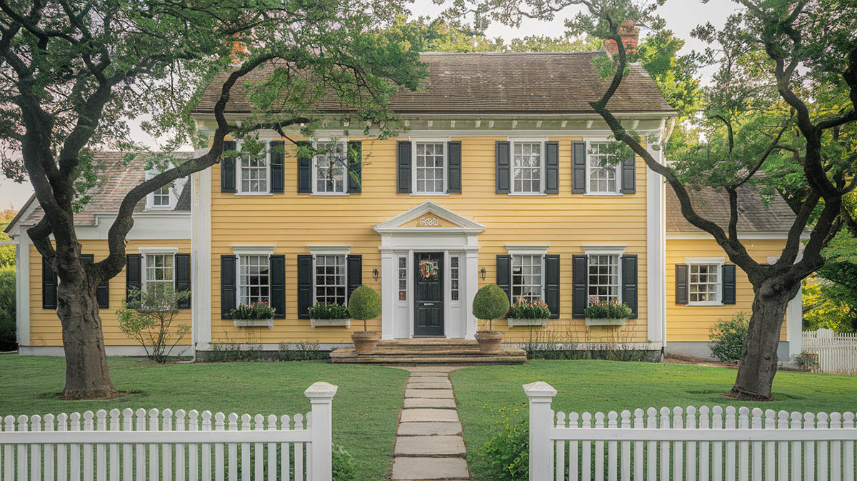 Historic home with yellow exterior and trim in white and black shutters