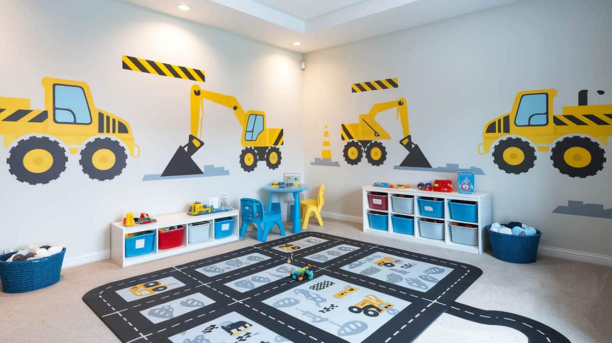 Construction zone playroom road play mat and vehicle decals