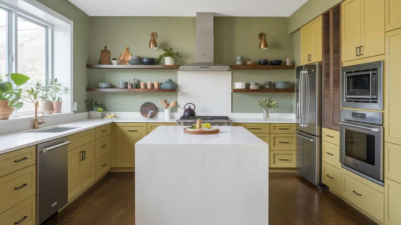 Kitchen with sage green walls combined with mustard color cabinets