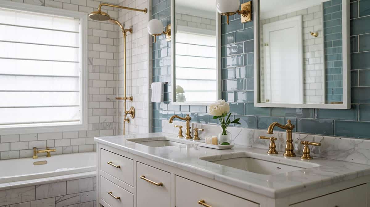 Bathroom with blue tile and sink with gold finishes