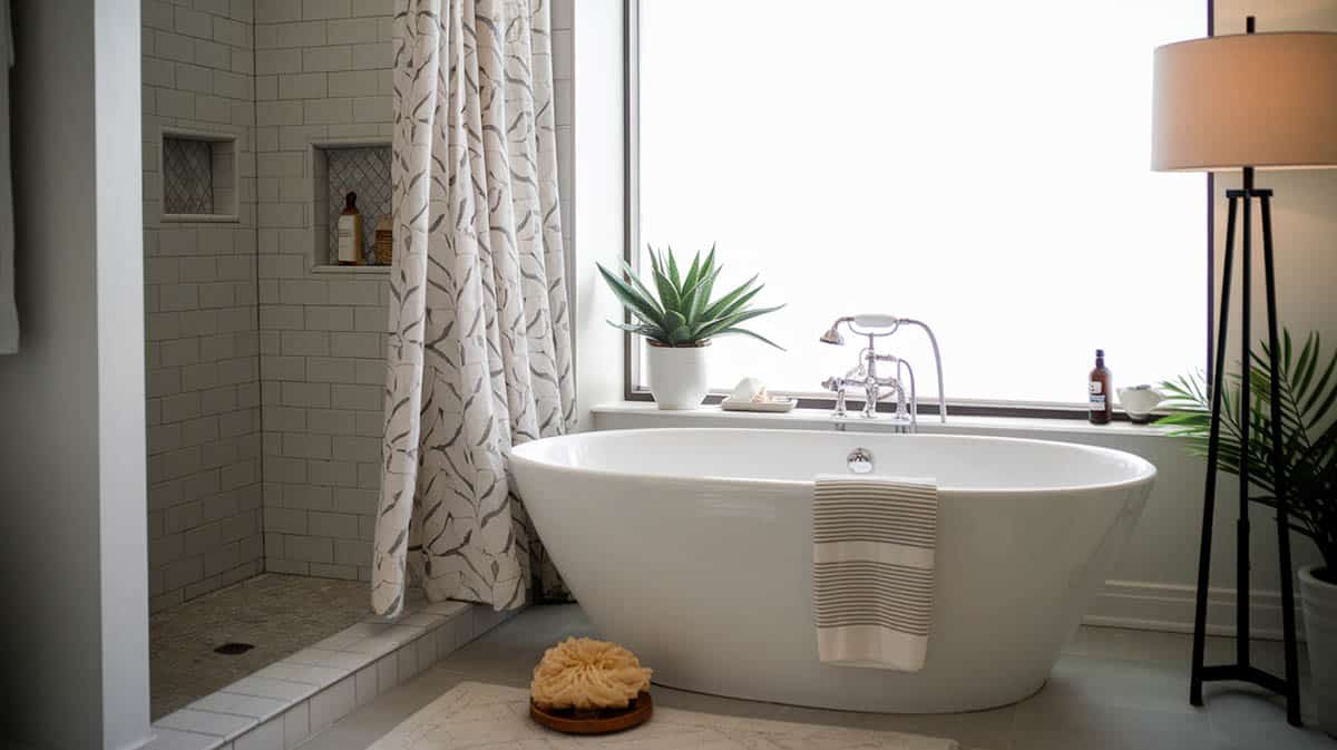 Bathroom with tub and shower with a patterned curtain