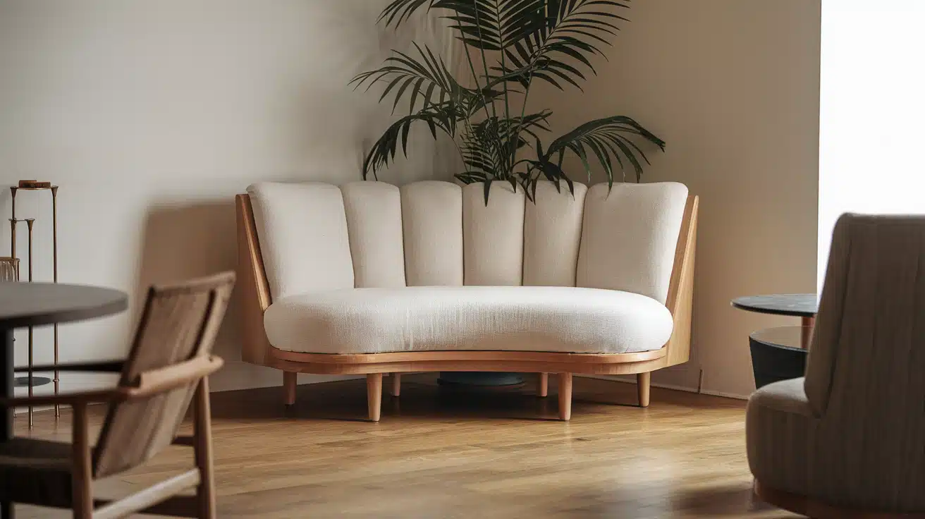 Contemporary corner settee with wood base and cream color fabric