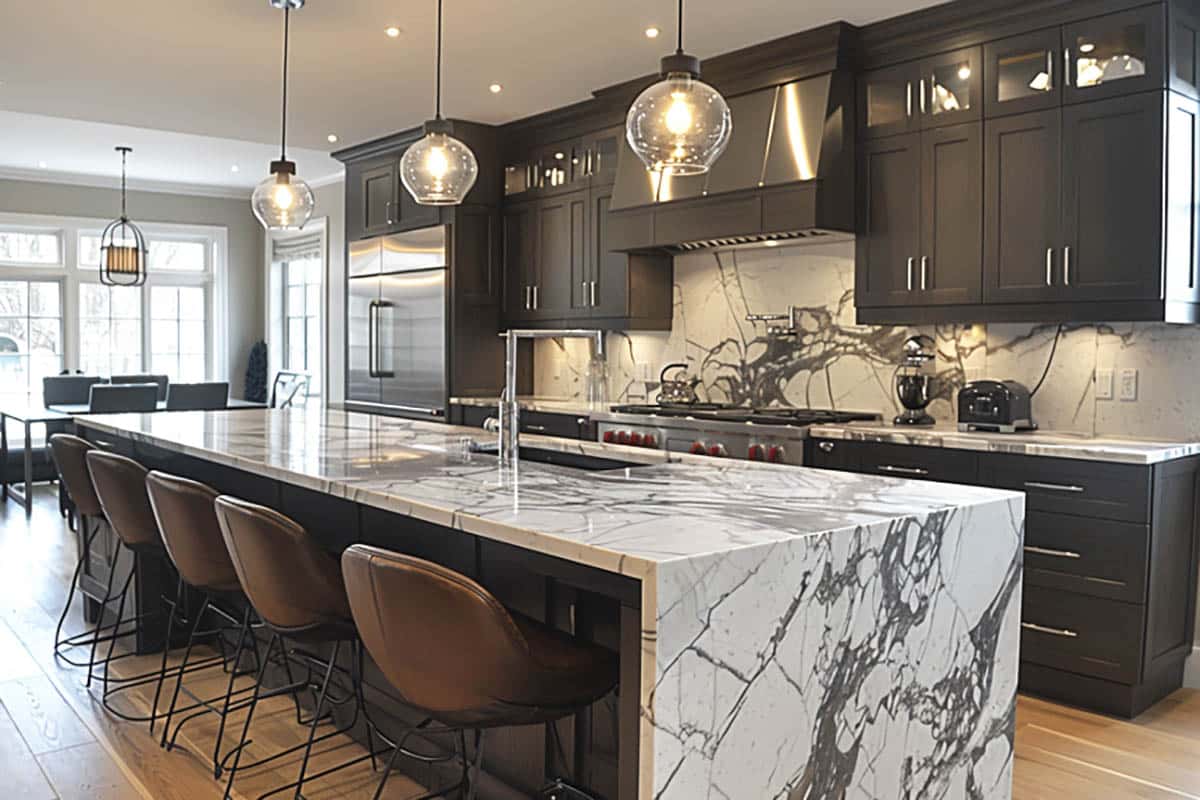 Kitchen with quartz that looks like marble surfaces and rich brown shade cabinets