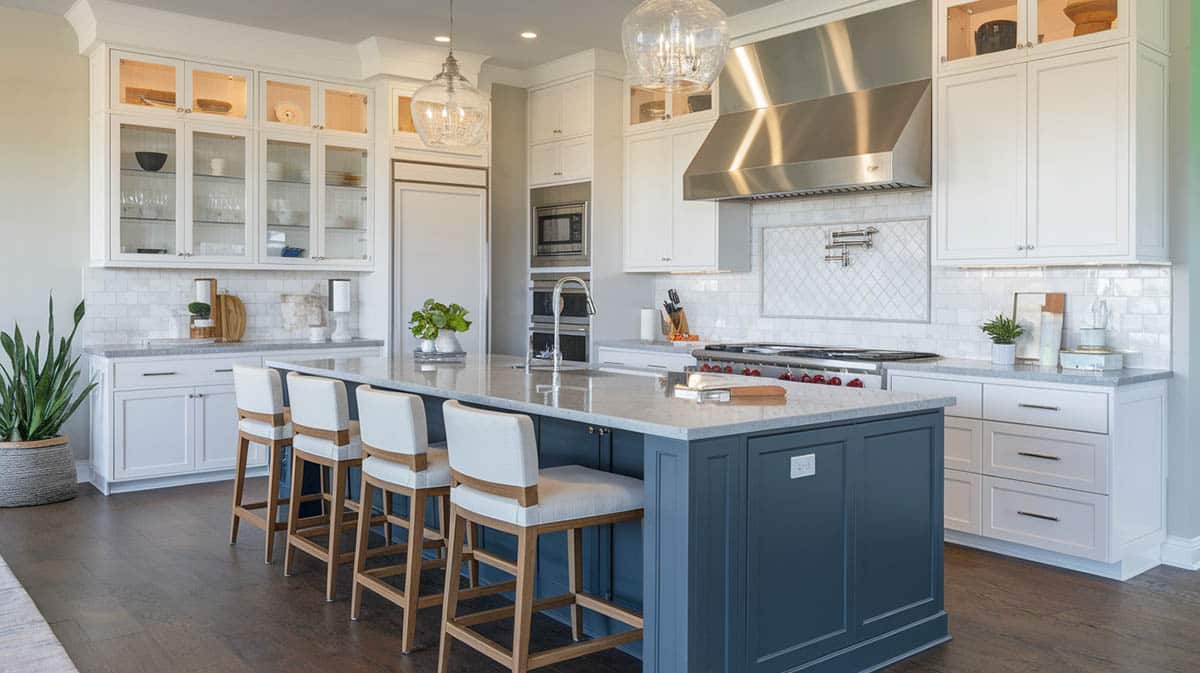 Contemporary kitchen with glass front white upper cabinets and long navy island with quartz countertops 