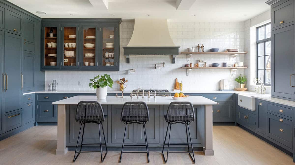 Contemporary style kitchen with gray cabinets, glass doors and white tile backsplash