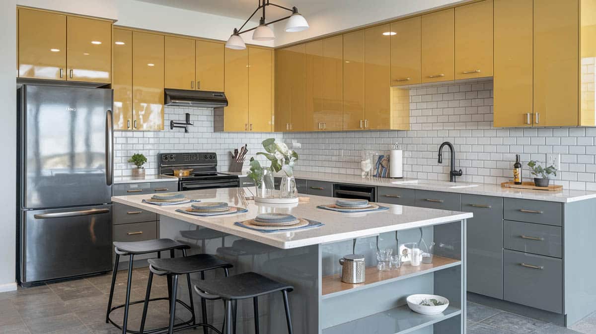 Kitchen with warm gray lower and mustard on the upper cabinetry